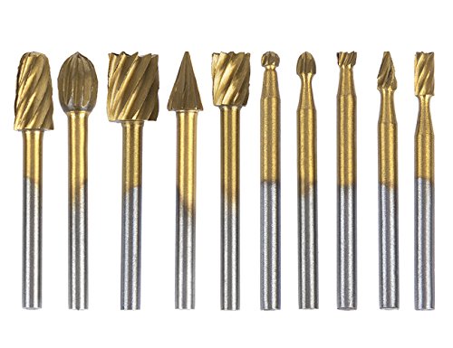 Tonsiki 10pcs Titanium-Coated Rotary Burr Set with 1/8" Shank for DIY Woodworking, Carving, Engraving, Drilling