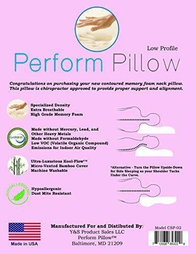 Thin Profile Memory Foam Neck Pillow - Double Contour - Chiropractor Approved - Washable Soft Bamboo Cover - Great for Neck Pain, Sleeping (Thin Profile)