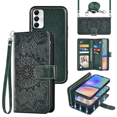 Asuwish Phone Case for Samsung Galaxy A05s/A05 Zipper Wallet Magnetic Detachable Cell Cover with Screen Protector Crossbody Lanyard Strap Flower Flip Card Holder Slot Ao5s Ao5 A 05s 05 Men Dark Green