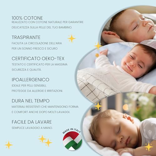 BABY WOLFY - Baby Cot Cushion 40 x 60 cm OEKO-TEX® Certified 1 2 3 4 Years 100% Cotton Anti-Dust Mite Hypoallergenic Breathable Soft for Bed Crib Stroller Nursery Made in Italy