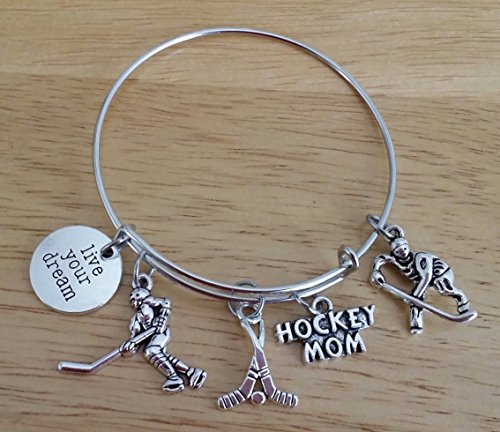 Hockey Mom bracelet, Hockey bracelet, Hockey jewelry, Hockey Stick bracelet, Hockey charm, Hockey Helmet charm, Hockey player charm, Hockey stick charm, Gift for Hockey fans, Hockey bangle bracelet