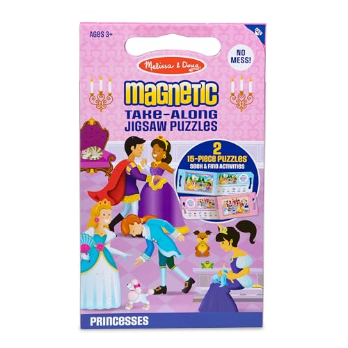 Melissa & Doug Take-Along Magnetic Jigsaw Puzzle Set – Princesses (2 x 15 Piece) Travel Activity Toy for Preschoolers and Kids Ages 3+