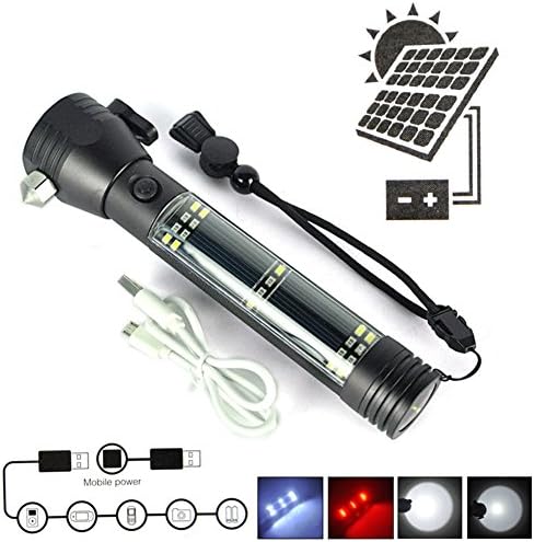Solar Linterna Led Rechargable Usb Flashlight Work Light Magnetic Lifesaving Hammer for Outdoor Escape Rescue Tool With Compass - Can also Charge Cellphone, MP3, Tablet and much more