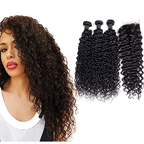 Brazilian Curly Hair 3 Bundles with Closure (22 24 26 with 20) Grade 8A Virgin Kinky Curly Virgin Hair Free Part Swissce Lace Closure Can Be Dyed