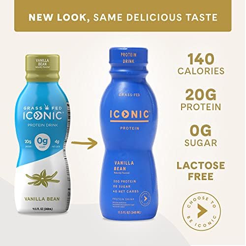 ICONIC PROTEIN DRINKS, VANILLA BEAN (12 PACK) – SUGAR FREE & LOW CARB – 20G GRASS FED PROTEIN – LACTOSE FREE, GLUTEN FREE, NON-GMO, KOSHER – KETO FRIENDLY PROTEIN SHAKES