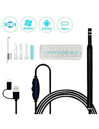 HonTaseng Otoscopio de endoscopio de oído con cámara de inspección de oído de 1.3 mago píxel, herramienta de limpieza de cera de oído con 6 LED ajustables, 3 en 1 puerto USB Boroscopio de oreja para Micro USB   Tipo C USB Teléfono Android
