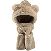 Kids Winter Hood Hat Scarf Gloves Set 3-in-1 Hooded Hat Plush Bear Beanie Cap Faux Fur Earflap Animal Snow Cap