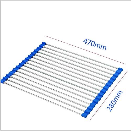 Roll Up Dish Drying Rack,Laoyel Foldable multi-purpose heat resistant large stainless steel kitchen roller blind sink - sink pad - silicone coated rim (blue L)