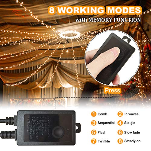 iMato Christmas Lights, 66ft 200 LED String Tree Lights Outdoor Indoor,8 Modes Waterproof Christmas String Light,Dimmable Safe Adapter Remote Decorative Light String for Wedding Parties (Yellow)