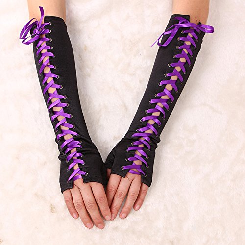 Lace Up Satin Gloves,Womens Full Length Fingerless Lace Up Arm Warmer Satin Gloves,For Weddings, Engagements, Parties, Holidays (Purple)