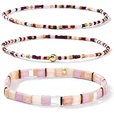 Ustome Boho 3Pcs Tila Flat Seed Beads Stack Bracelets Set for Women, Romantic Handmade Cute Gold Plated Paperclip Link Colorful Glass Ball Stretch Accessories Jewelry, Party Friendship Gift