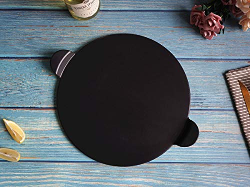 waykea 13” Ceramic Glazed Pizza Stone for Oven Grill or BBQ | Premium Bread Baking Stone Cordierite Pizza Grilling Stone, Black, Round with Handles