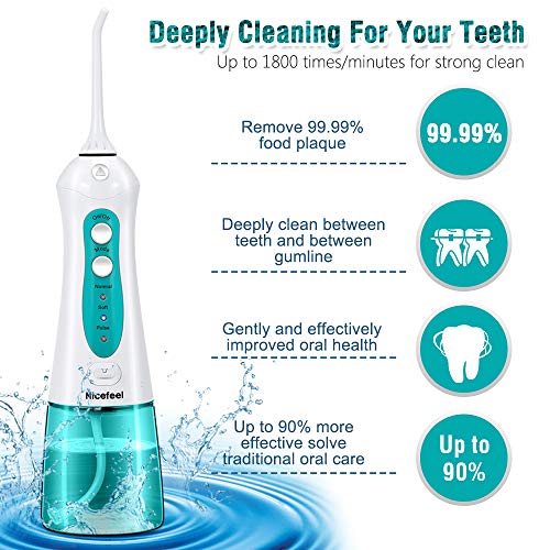 [2019] Best Cordless Water Flosser, Nicefeel 300ML Portable USB Rechargeable Dental Water Flosser Teeth Cleaner, IPX7 Waterproof 3 Modes Oral Irrigator with 4 tips for Home, Travel