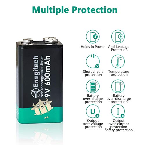 Enegitech 9V Lithium Battery, 600mAh Lithium Battery for Smoke Detector