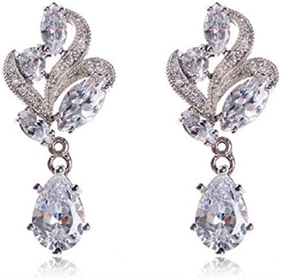 Bridal Jewelry Platinum Plated Flower Hang Pear Shape AAA+ Cubic Zirconia Diamond Women Dangle Earrings