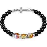 Hematite and Glass Elastic Rosary Bracelet with Cross