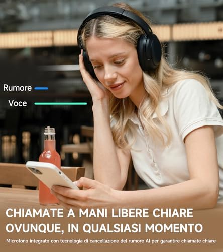W800BT Pro Cuffie Cancellazione Attiva del Rumore Ibrida, Bluetooth 5.4, Hi-Res Audio, Riduzione del Rumore delle Chiamate AI, 45 Ore Autonomia, Ricarica Rapida, Pieghevole - Nero