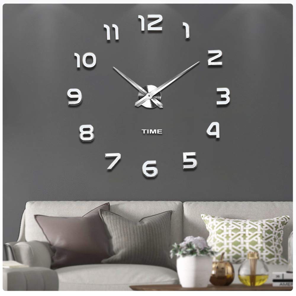 VANGOLD Frameless DIY Wall Clock 3D Mirror Wall Clock Large Mute Wall Stickers for Living Room Bedroom Home Decorations - 2 Years Warranty (Silver-2)
