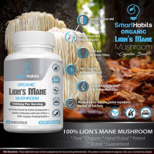 image for SmartHabits Organic Lion's Mane Mushroom - Handpicked, 3rd Party-Teste