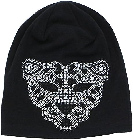 Hiloving Summer Black Stretch Oversized Slouchy Cotton Diamond Leopard Knit Beanie Hats For Women (Black)