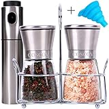 COSCOV Salt and Pepper Grinder Set with Matching Stand & Olive Oil Sprayer Premium Stainless Steel Salt and Pepper Shakers - 5 Grade Adjustable Ceramic Rotor - Brushed Salt and Pepper Mill Pair - 6 Oz