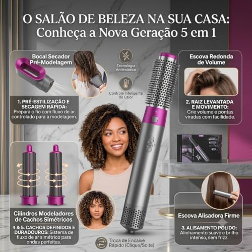 Secador cabelo 5 em 1, intercambiáveis, Alisa, Modela, Seca, Penteia. | escova pratica
