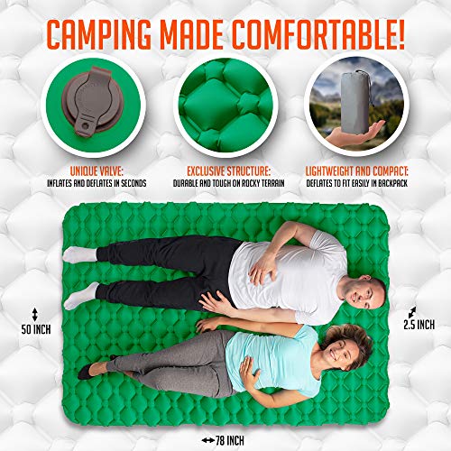 Royexe Heavy Duty Double Sleeping Pad | Ultra Thick Inflatable Camping Mat | 2 Person Compact Bed for Backpacking and Hiking | Compact Sleeping Bag Air Mattress (Green)