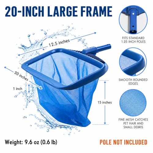 STARGOODS 20" Pool Skimmer Net - Heavy-Capacity Deep Bag Leaf Rake for Inground & Above Ground Pools - Fine Mesh Catches Leaves, Pet Hair & Debris - Pool-Safe Rounded Edges - Fits Standard Poles, Blue