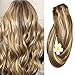 Clip in Hair Extensions Human Hair Golden Brown to Blonde Highlights 14 inch Balayage Ombre Long Hair Extensions Clip on for Fine Hair Full Head 12/613 Remy Hair 70g 7 Hair Piece