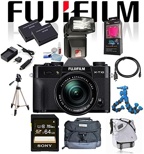 Fujifilm X-T10 Mirrorless Digital Camera with 16-50mm Lens (Black) w/ Sony 64GB SDXC Class 10 + Flash + Tripod + Flexpod + Case + 2 BT + Charger + Cleaning Kit + Card Reader + Bluetooth speaker