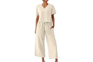 PETYCZEN Linen Set for Women 2 Piece Summer Outfits Casual Short Sleeve Tops with Long Pants Plus Size Tracksuit Lounge Sets