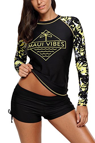 HOTAPEI Womens Long Sleeve Rash Guard Tops Swimwear Surfing Bathing Suit Rash Guard Swimsuit for Women Swim Shirt Plus Size Black Printed XXL