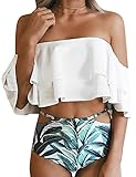 Nulibenna Women Ruffle Off Shoulder 2 Pieces Swimsuit Crop Swimsuit High Waist Bikini