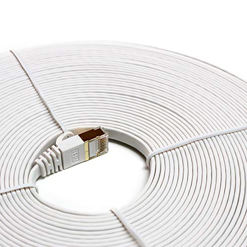 Tera Grand - 50FT - CAT7 10 Gigabit Ethernet Ultra Flat Patch Cable for Modem Router LAN Network, Gold Plated Shielded RJ45 Connectors, Faster Than CAT6a CAT6 CAT5e, White - Thumbnail 3