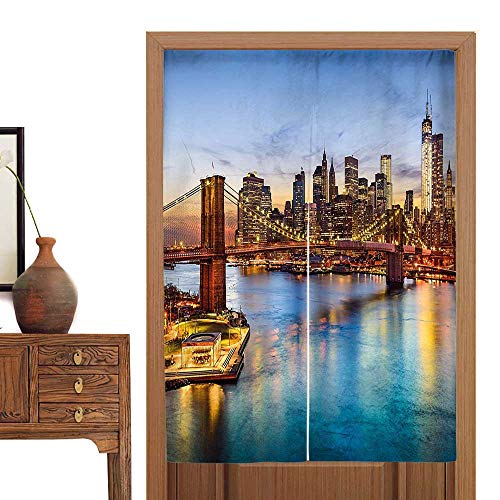 vanfan Door Curtain York City Skyl Over East Brooklyn Bridge Twilight Blue Dark Orange Tapestry Cotton Linen Curtain Blind33.5 Wx66.9 L