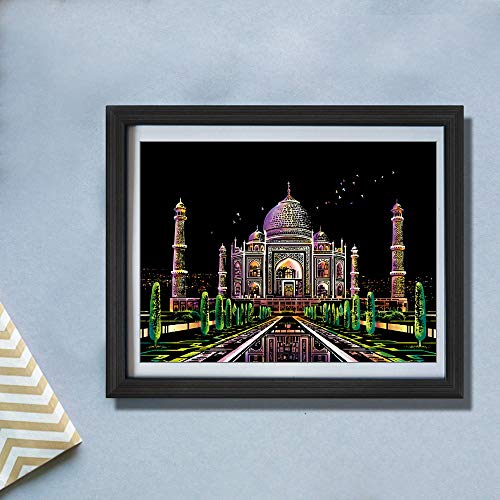 Scratch Art Rainbow Painting Paper, Sketch Pad DIY Night View Scratchboard for Kids & Adults, Engraving Art & Craft Set, Scratch Painting Creative Gift, 16'' x 11.2'' with 3 Tools (Taj Mahal-India)