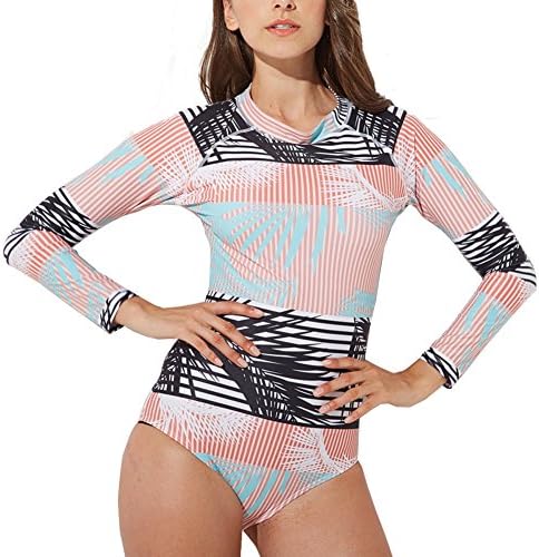 ZAY Womens Long Sleeve Rash Guard UV UPF 50+ Sun Protection Printed Zipper Surfing One Piece Swimsuit Swimwear