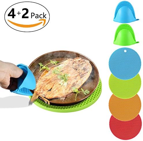 Silicone Trivet Mat, HEMRLY 4 PCS Non Slip Hot Pads Flexible Heat Resistant Coaster with 1 Pair Pot Holders for Modern Home Decor, Safe Essential Kitchen Cooking