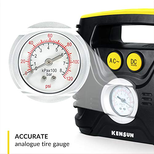 Kensun Portable Air Compressor Pump for Car 12V DC and Home 110V AC Swift Performance Tire Inflator 100 PSI for Car - Bicycle - Motorcycle - Basketball and Others with Analog Pressure Gauge (AC/DC) Kensun Portable Air Compressor Pump for Car 12V DC and Home 110V AC Swift Performance Tire Inflator 100 PSI for Car - Bicycle - Motorcycle - Basketball and Others with Analog Pressure Gauge (AC/DC)