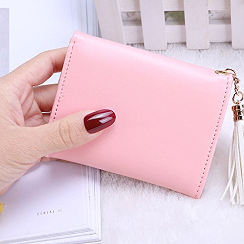 Girls' Lovely Student Short Wallet, PU Leather Coin Purse Pink wallet,Fringed Seventy Percent off, Small fresh Blue color Credit Card Holder(2 Pack,Pink purse&Blue Card Bag