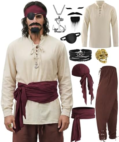 Disfraz Medieval Y Pirata Para Hombre | Set Completo Con Camisa, Pantalones, Cinturón Y Protector De Muñeca