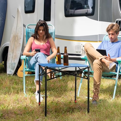 VILLEY Folding Table with Carry Bag, Portable Aluminium Folding Table, Height Adjustable Camping Table, Camping Table for Picnic, Fishing, Camping, Beach and Extrior, 70 x 70 x 78 cm
