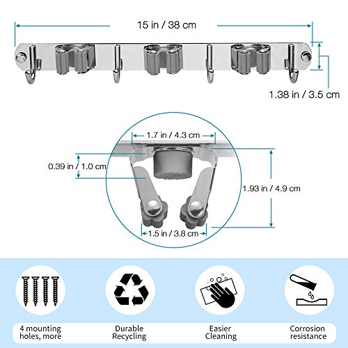 GUUKIN Broom and Mop Holder Wall Mount, Garage and Garden Tools Organization and Closet Storage, Stainless Steel Tool Rack with 3 Racks 4 Hooks for Kitchen, Bathroom, Laundry with 5 Tea Towel Clips