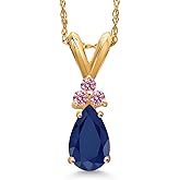 Gem Stone King 14K Yellow Gold Blue Sapphire and Pink Lab Grown Diamond Pendant Necklace for Women | 0.95 Cttw | Gemstone September Birthstone | Pear Shape 7X5MM | With 18 Inch Chain