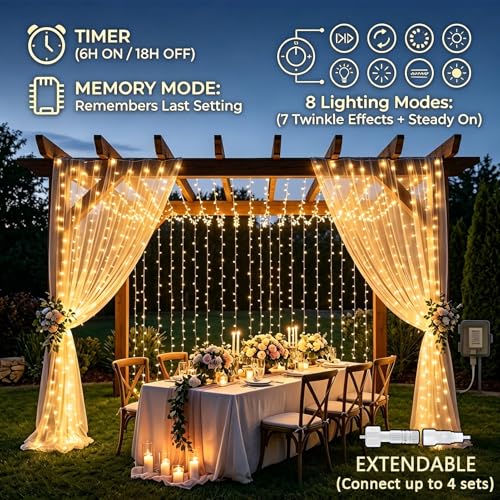 Dekofun Pack of 2 3 x 3 m 300 LED Curtain Lights with Socket, Timer, 8 Modes, IP65 Waterproof Waterfall Lights for Outdoor Indoor Balcony Garden WeddingTerrace, Warm White