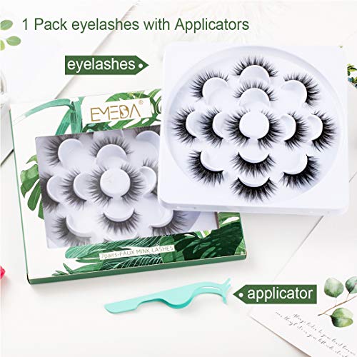 Faux Mink lashes 7 Pairs Fluffy Thick False Eyelash Handmade Long Dramatic 5D Fake Lashes Reusable Soft Eye Lashes 1 Pack with Applicators by EMEDA