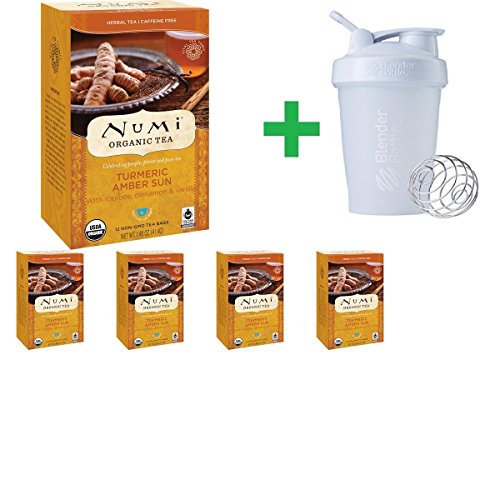 Numi Tea, Organic Tea, Herbal Tea, Turmeric Amber Sun, Caffeine Free, 12 Tea Bags, 1.46 oz (41.4 g) (5 PACKS) + Assorted Sundesa, BlenderBottle, Classic With Loop, 20 oz