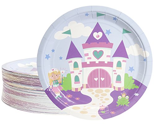 Disposable Plates - 80-Count Paper Plates, Princess Party Supplies for Appetizer, Lunch, Dinner, and Dessert, Kids Birthdays, Castle Design, 9 Inches in Diameter