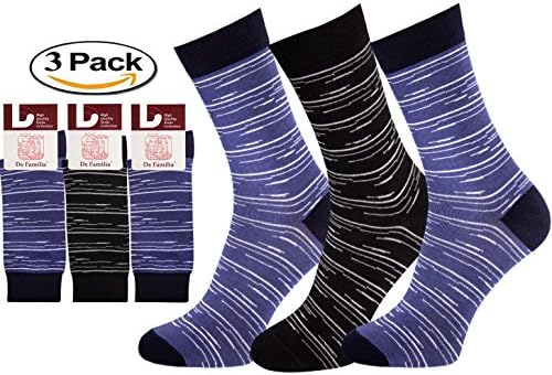 Mens Socks Crew Dress Cotton Striped Colored De Familia Made in Europe 3 Pack Socks Men (Large, 2 Pairs Blue Striped/ 1 Pair Black Striped)