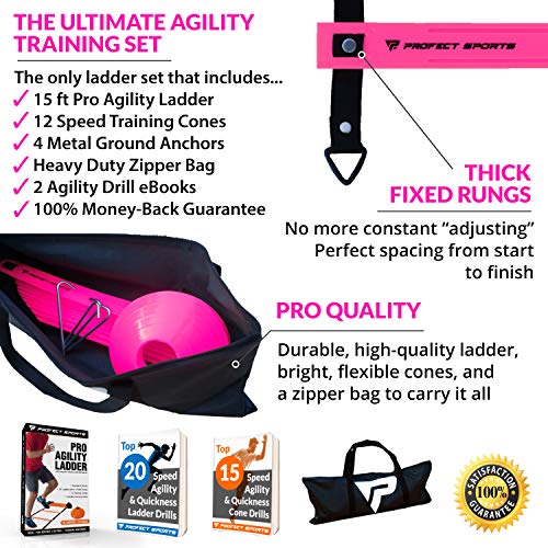 Pro Agility Ladder Cones - 15 ft Fixed-Rung Speed Ladder 12 Disc Cones Soccer, Football, Sports Training - Includes Heavy Duty Carry Bag, 4 Metal Stakes, 2 Agility Drills eBooks (Pink)